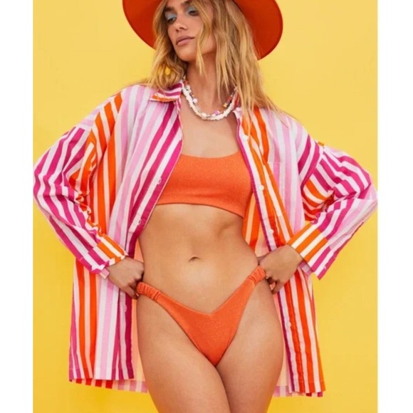 Beach Riot Tops - BEACH RIOT Shirt Womens Small Medium Pink Orange Alexa Stripe Button Down Swim